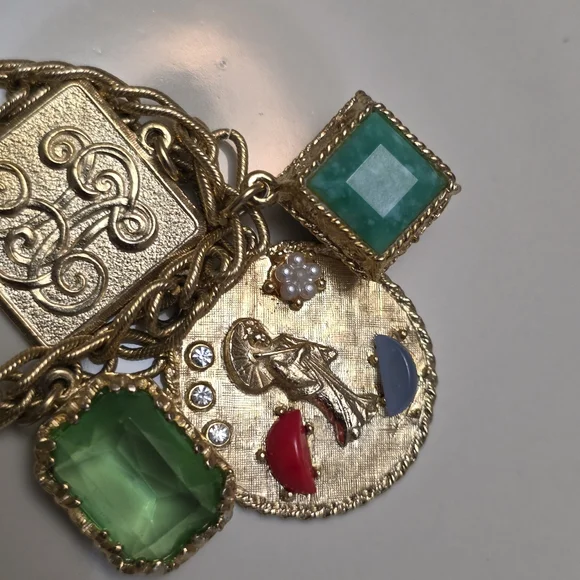 Vintage Gold-Tone Charm Bracelet with Green and Multicolor Gem Accents - Picture 12 of 14